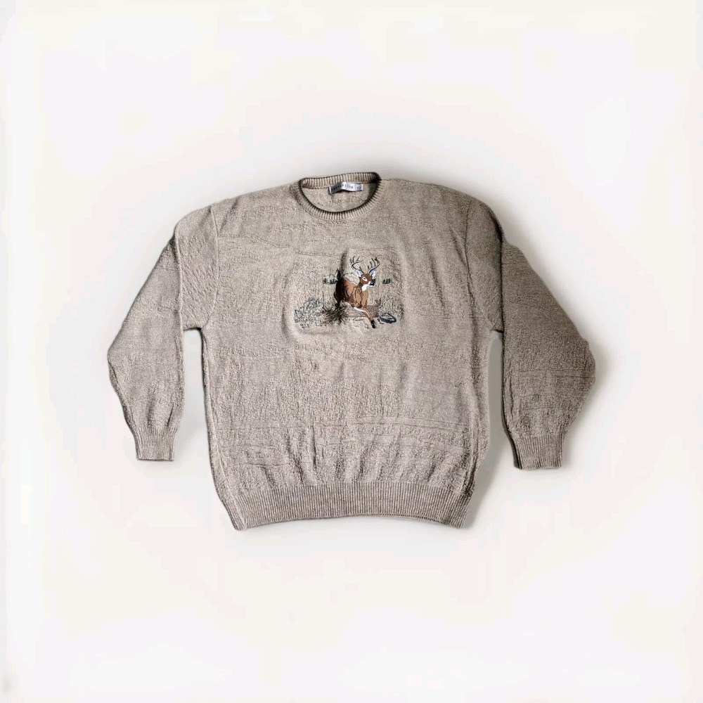 Shenandoah Vtg Mens XL Deer Buck Embroidered Knit Textured Sweater Pullover USA‎